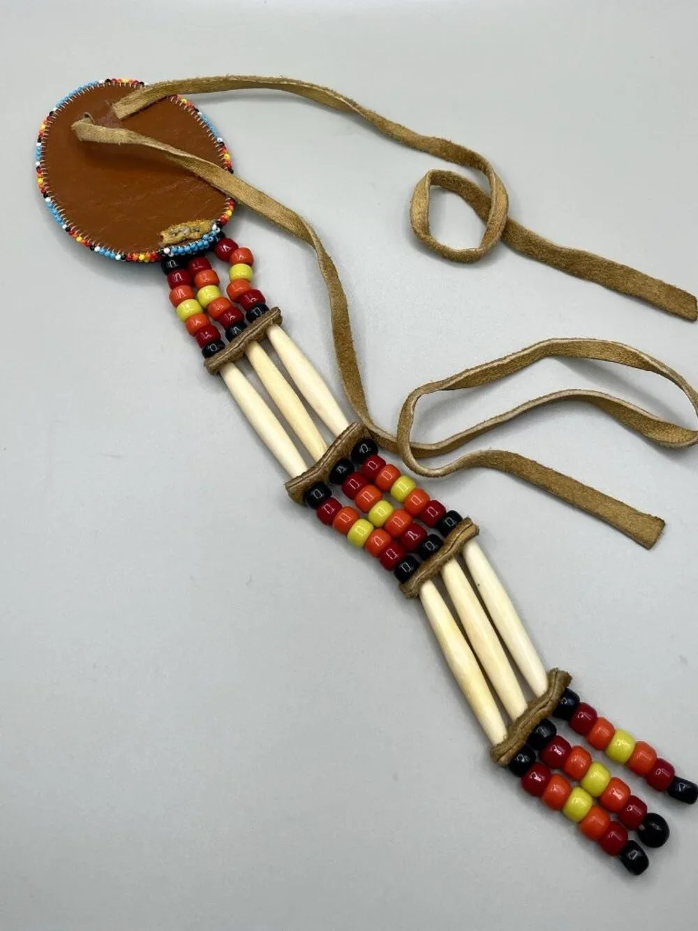 Vintage Plains Style Beaded Leather Necklace Hair Pipe Bone Beads southwestern
